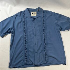 Vintage Silk Blue Embroidered Camp Shirt Men’s XXL Short Sleeve Button Down